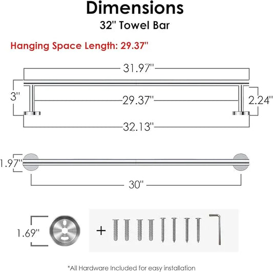 FORIOUS Towel Bar Wall Mounted, Stainless Steel Towel Racks for Bathroom, Includes Wall Mounting Hardware (Chrome, 32 Inch) - ModernBath