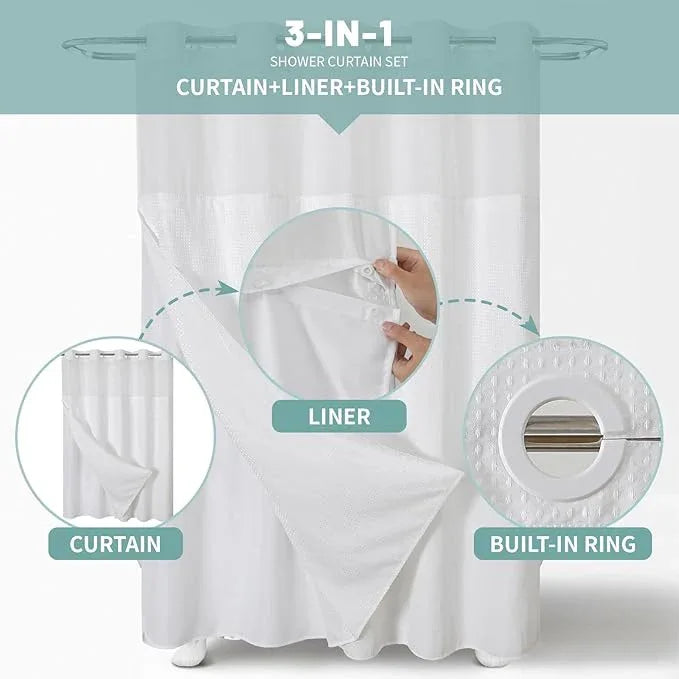 eachope White Extra Long No Hook Waffle Weave Shower Curtain with snap-in Liner Replacement, 230GSM Waterproof Fabric Hotel Shower Curtain Set for Bathroom, Through Mesh Top Window,71Wx86H - ModernBath