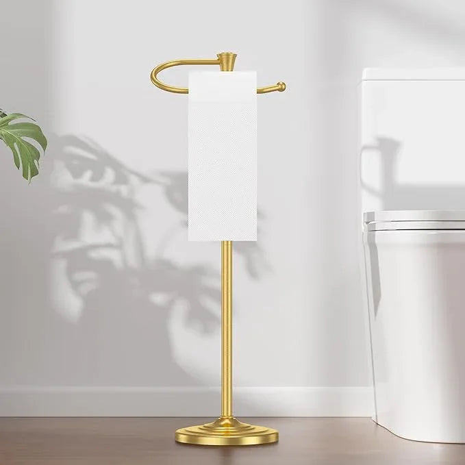 Toilet Paper Holder Free Standing, 25” H Stainless Steel Brass Gold Toilet Paper Stand, Weighted Base Floor Tissue Roll Holder for Bathroom,Toilet Roll Stand - ModernBath