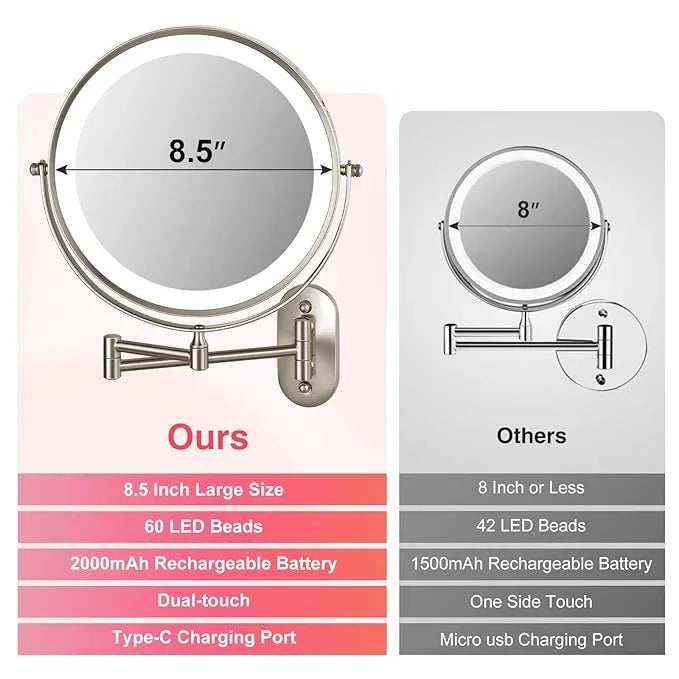VORREMIRR 20X Magnifying Mirror with Light: 8.5 Inch Lighted Makeup Mirror, Wall Mount, 360 Rotation, Touch Screen, Rechargeable, Brushed Nickel - ModernBath