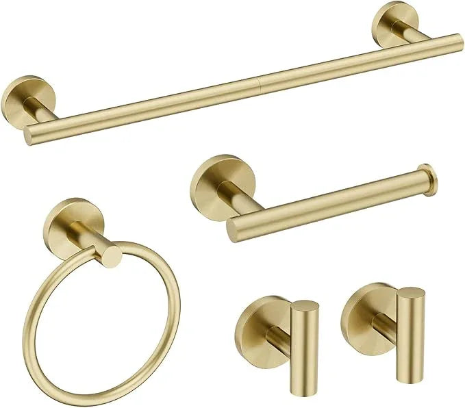 Gold Bathroom Accessories 5 Piece, 24 Inch Bath Hardware, Wall Mounted Brushed Gold Towel Rack, Durable SUS304 Stainless Steel Towel Bar Set - ModernBath