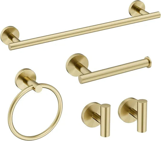 Gold Bathroom Accessories 5 Piece, 24 Inch Bath Hardware, Wall Mounted Brushed Gold Towel Rack, Durable SUS304 Stainless Steel Towel Bar Set - ModernBath