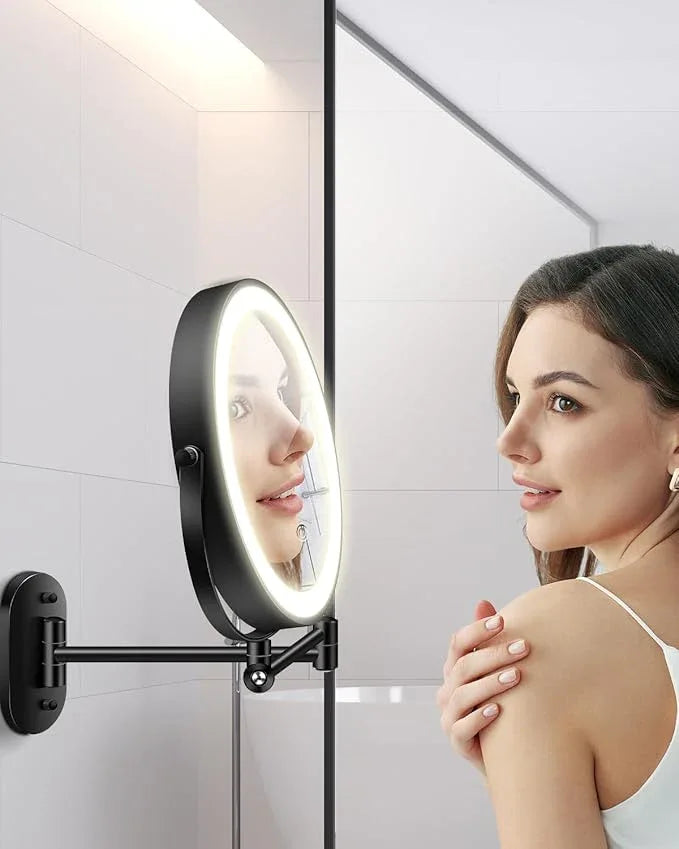 vpu 9" Wall Mounted Makeup Mirror with Light, 20X/1X Height Adjustable Double Sided Magnifying Bathroom Lighted Mirror, 3 Color Touch Dimmable Extended Arm 360 Rotation Light up Magnification Mirrors - ModernBath