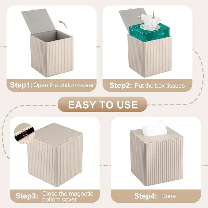 KINGFOM Tissue Box Cover, PU Leather Square Tissue Box Holder for Kleenexs with Magnetic Bottom Cover for Facial Tissues/Napkins, Office & Living Room Decor Box (Beige Strips) - ModernBath