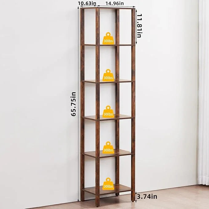 66in Tall Bookshelf 6-Tier Small Narrow Bookcase, Skinny Book Shelf for Small Space, Farmhouse Slim Shelf with Storage, Wood Freestanding Display Thin Bookshelves for Living Room, Office, Brown - ModernBath