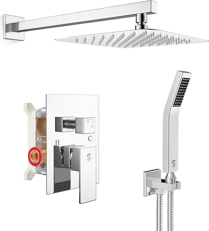 SR SUN RISE SRSH-F5043 Bathroom Luxury Rain Mixer Combo Set Wall Mounted Rainfall Shower Head System Polished Chrome, (Contain Faucet Rough-in Valve Body and Trim) - ModernBath