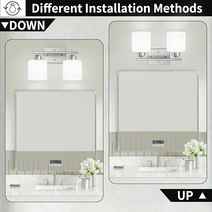 Brushed Nickel Bathroom Light, 2 Light Bathroom Vanity Light Brushed Nickel, Vanity Lamp with Milky White Frosted Glass Shades, E26 Socket - ModernBath
