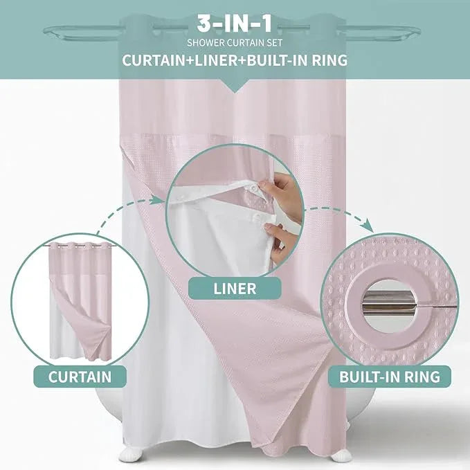 eachope BlushPink No Hook Waffle Weave Shower Curtain with snap-in Liner Replacement, 230GSM Waterproof Fabric Hotel Shower Curtain Set for Bathroom, Through Mesh Top Window,54Wx80H - ModernBath