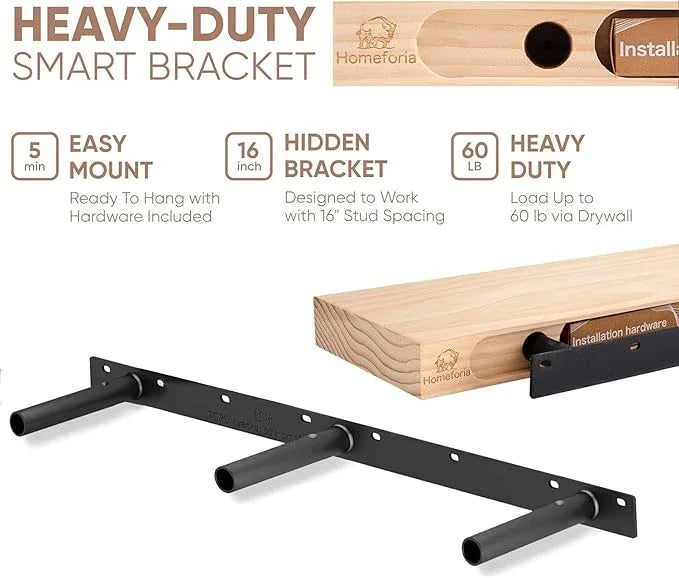 Homeforia Oak Floating Shelves 42 inch Long, High End Solid Real Wood 42inch Floating Shelves for Wall Mounted, Honey Oak Wooden 42in Floating Shelf, Heavy Duty Bracket, 42 X 6.5 X 1.75 in, Set of 3 - ModernBath