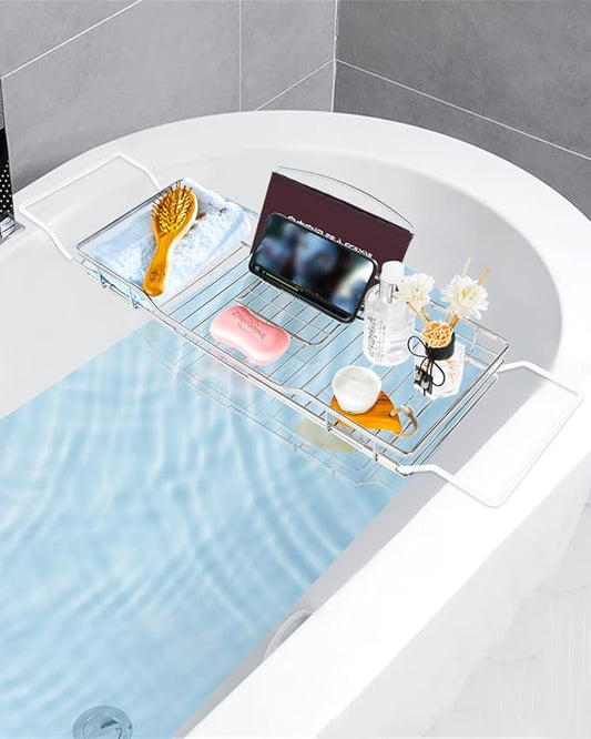 YQh Adjustable Tub Rack, 304 Stainless Steel Bathroom Tray, Multi-Function Tub Organizer with Adjustable Reading Rack, for Tablet or Cell Phone