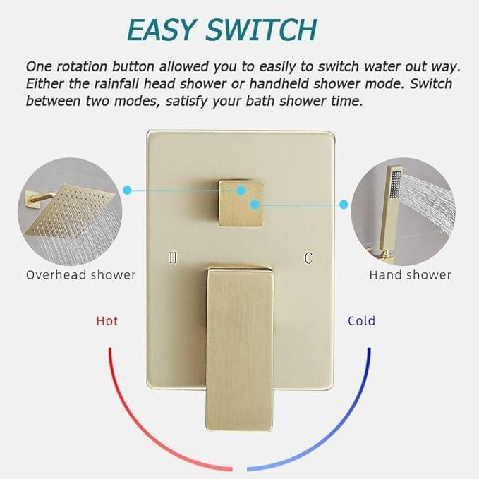 JingGang Brushed Gold Shower System 6 Inch Bathroom Luxury Rain Mixer Shower Combo Set Wall Mounted Rainfall Shower Head and Handheld System Shower Faucet Set Rough-in Valve Body and Trim Kit - ModernBath