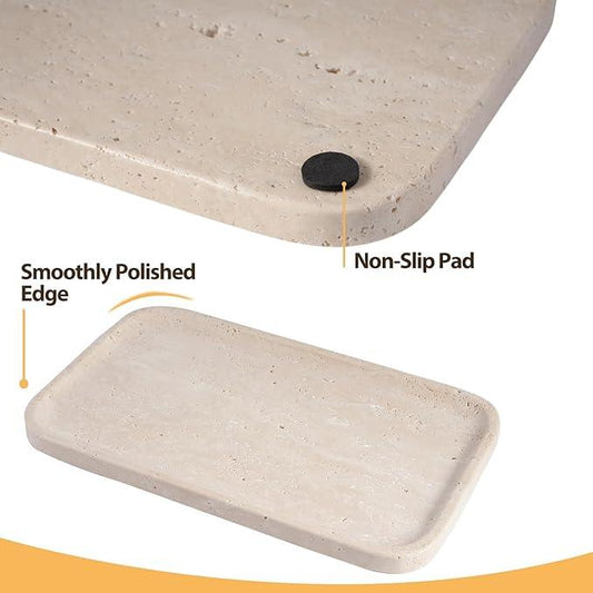 Travertine Vanity Tray, Stone Bathroom Tray for Countertop, 14'' Marble Decorative Dresser Trays, Large Serving Trays for Kitchen Counter, Storage for Kitchen Sink, Perfume, Jewelry Holder - ModernBath