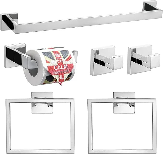 TQKAG 6-Piece Bathroom Towel Bar Sets Polished Chrome 23.6 inch Towel Bar Stainless Steel Towel Ring Coat Hook and Toilet Paper Holder Bathroom Hardware Set Wall Mounted Bathroom Accessories Kit - ModernBath