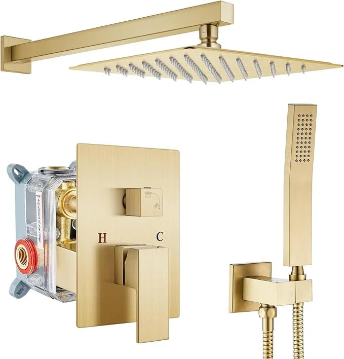gotonovo Rainfall Bathroom Shower System Rain Shower Head and Handle Set Wall Mounted Shower Complete Combo Solid Brass Pressure Balancing Shower Mixer Valve 10 Inch Brushed Gold - ModernBath