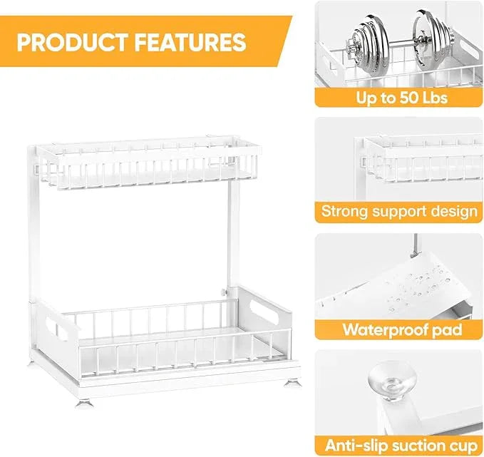 Under Sink Organizer Storage 2-Tier Premium Metal Pull-Out Racks, Height Adjustable, Heavy Dut and Easy Installation for Kitchen & Bathroom Organizers 1 Pack White - ModernBath