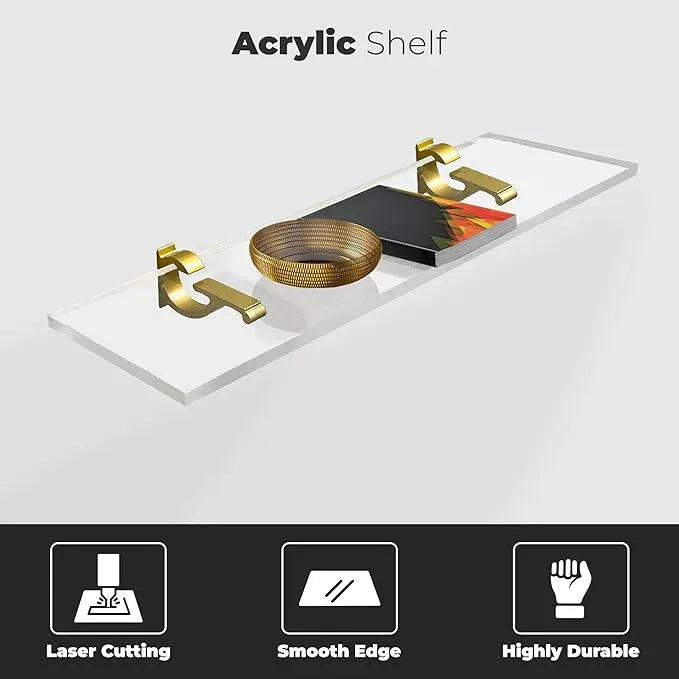 Clear Acrylic Shelves 14.5 inches, 3/4" Thick Transparent Wall Mounted Floating Shelves for Bedroom, Living Room, Bathroom, Kitchen -‎ with Screws and Brass Finish Brackets, Pack of 2 - ModernBath