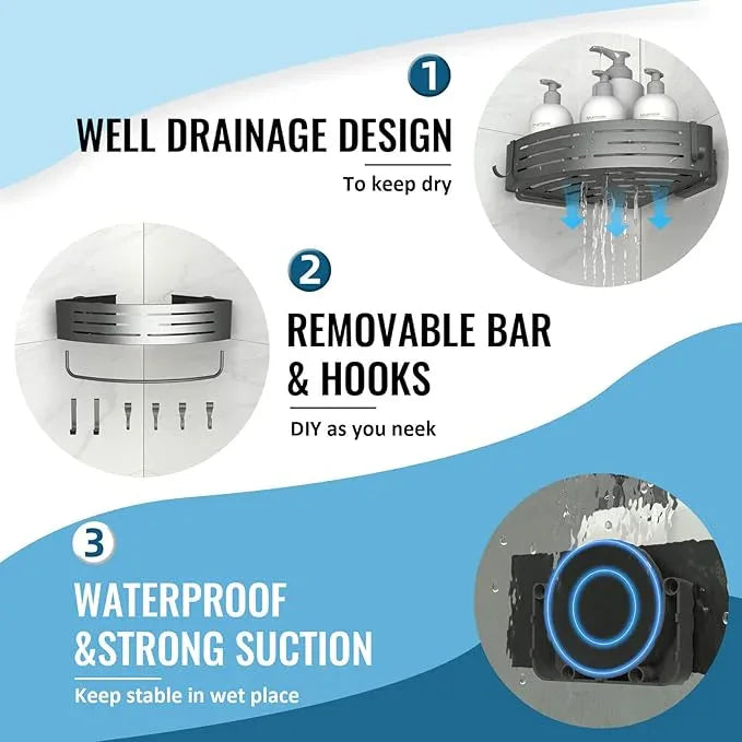 Onemake Corner Shower Caddy with Suction Cups, 2-Pack Removable Aluminum Wall Mounted Organizer Shelves Storage Rack with Towel Bar Portable Hook for Bathroom, Grey - ModernBath