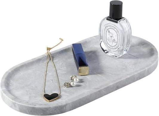 Koville Grey Marble Tray for Bathroom Countertop, 12"x6" Vanity Decorative Marble Tray for Dresser, Stone Catchall Trays for Perfume, Candles, Jewelry, Stone Gray Storage Trays for Home Decor - ModernBath