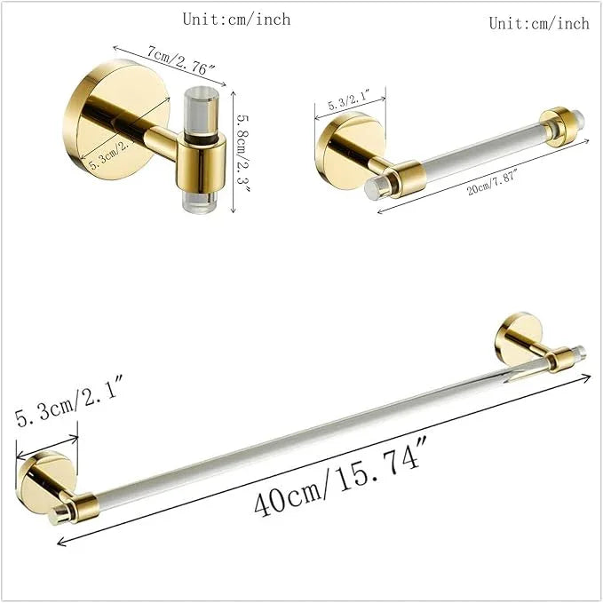 3 Pieces Bathroom Accessories Hardware Set Wall Mounted,Towel Rack 16 inches+Toilet Paper Holder+Hook,Acrylic and Brass,Gold Towel Bar Set SHUNLI - ModernBath