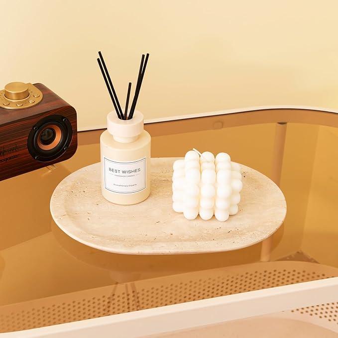 WANJINGYULE Natural Marble Decorative Tray Bathroom Counter Perfume Organizer Vanity Tray for Home Decor, Jewelry Candle, Coffee Table, Soap Holder Dresser Countertop Accessories 8"x11" Travertine - ModernBath