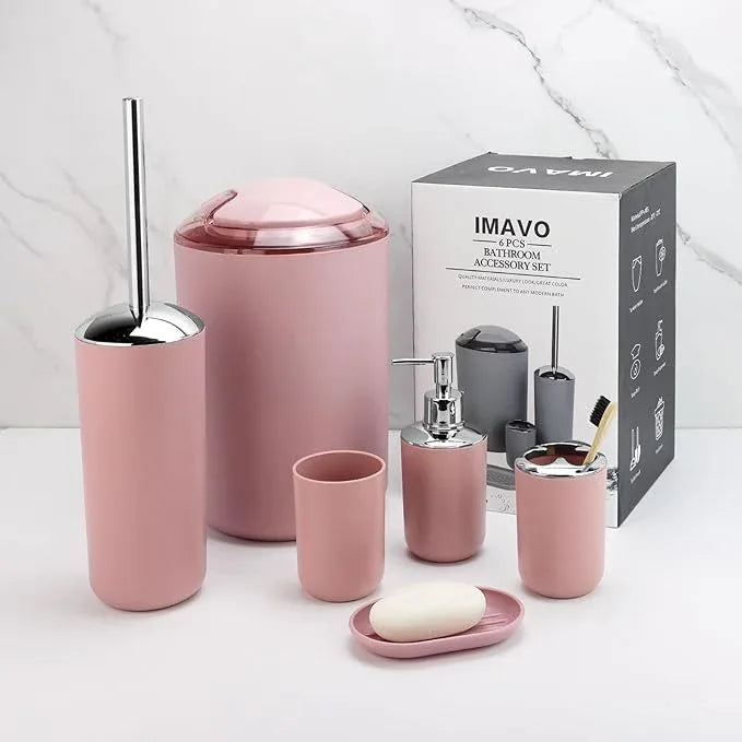7 Piece Pink Bathroom Set,Soap Dispenser,Toilet Brush,Trash Can & Décor Tray,Complete Accessories for Bathroom Organization & Housewarming Gifts - ModernBath