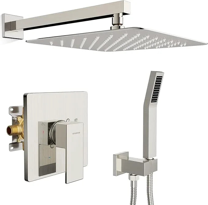 SR SUN RISE Shower Faucet Set & System - 12 Inch Rainfall Shower Head & Handle Set Wall Mounted Brushed Nickel Solid Brass Valve Trim Kit Included - ModernBath