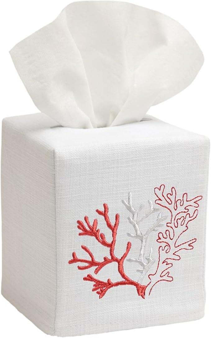 Jacaranda Living Square Tissue Box Cover, Linen/Cotton Fabric Tissue Holder, Decorative Cloth Tissue Cube Cover, Coastal Designs Coral (Coral) - ModernBath