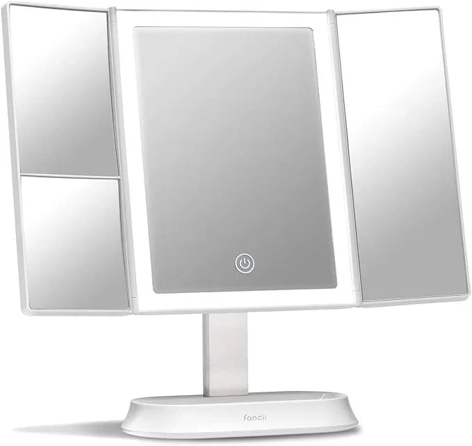 Fancii Makeup Mirror with Natural LED Lights, Lighted Trifold Vanity Mirror with 5X & 7X Magnifications - 40 Dimmable Lights, Touch Screen, Cosmetic Stand - Sora (White) - ModernBath