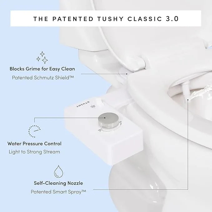 TUSHY Classic 3.0 Bidet Toilet Seat Attachment - A Non-Electric Self Cleaning Water Sprayer with Adjustable Water Pressure Nozzle, Angle Control & Easy Home Installation (White/Gunmetal) - ModernBath