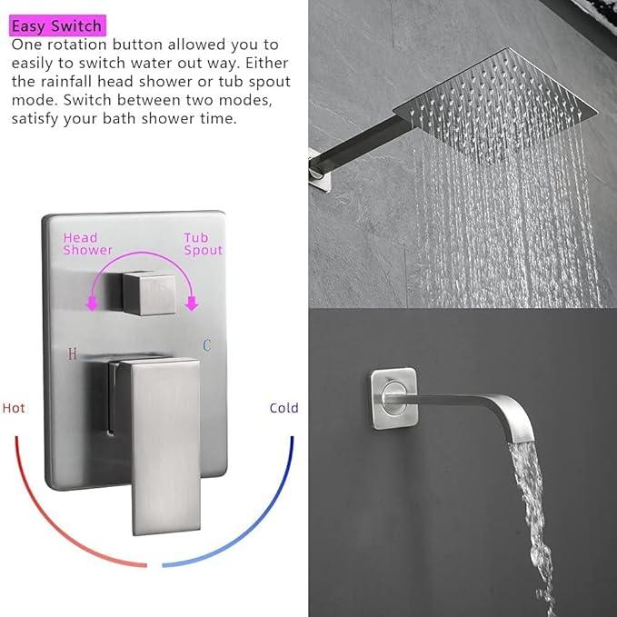 Heable Brushed Nickel Shower Faucet Set with Tub Spout Bathroom Luxury Rain Mixer Shower Head System Wall Mounted Shower Faucet Complete, Single Handle Tub and Shower Trim Kit with Rough-in Valve - ModernBath