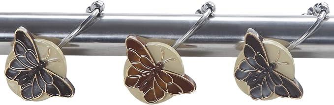 Rustproof Butterfly Shower Curtain Hooks, Vintage Brown Chocolate Bathroom Shower Curtain Hooks, 5 Roller Ring Balls Decorative Shower Hooks for Butterfly Floral Farmhouse Shower Curtain, Set of 12 - ModernBath