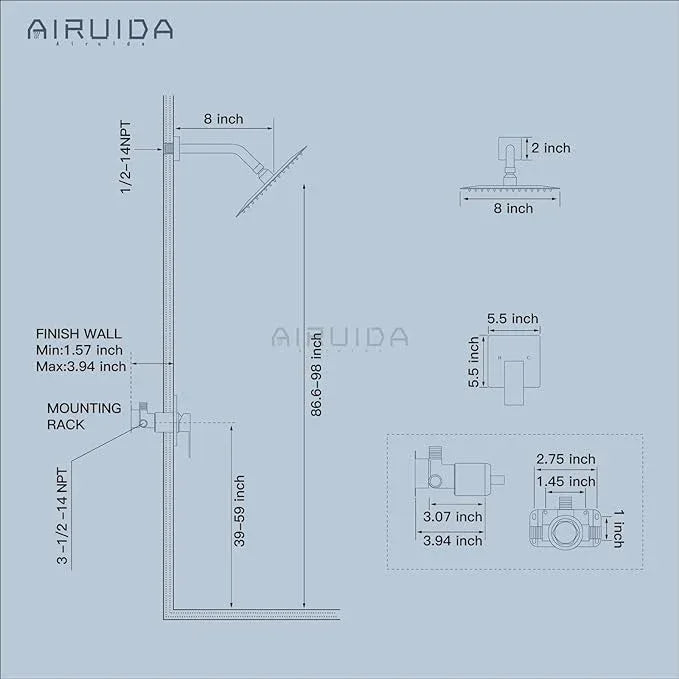 Airuida Shower Faucet Set Bathroom Rain Shower System SUS304 Stainless Steel Single Handle With Male Threads Rough-in Valve Shower Trim Kit 8 Inch Wall Mount Shower Head Chrome Polish - ModernBath