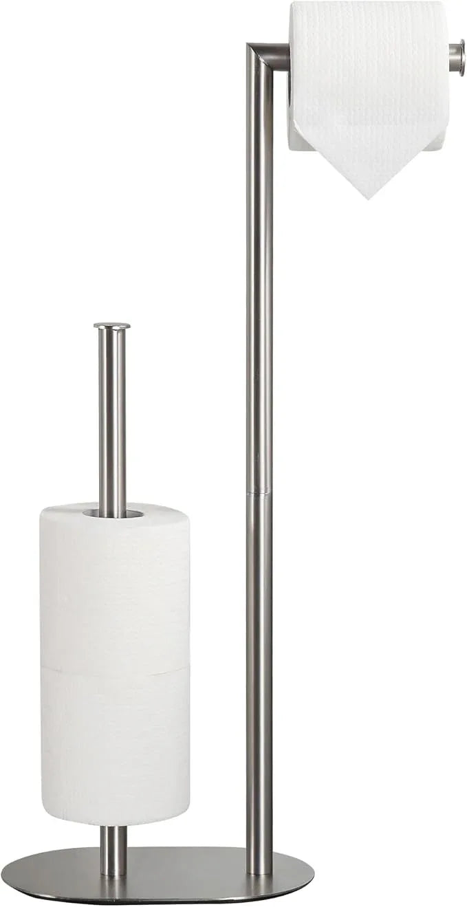 Brushed Nickel Freestanding Toilet Paper Holder with Reserve for Bathroom with Weighted Base, Modern Tissue Roll Holder Stand - ModernBath
