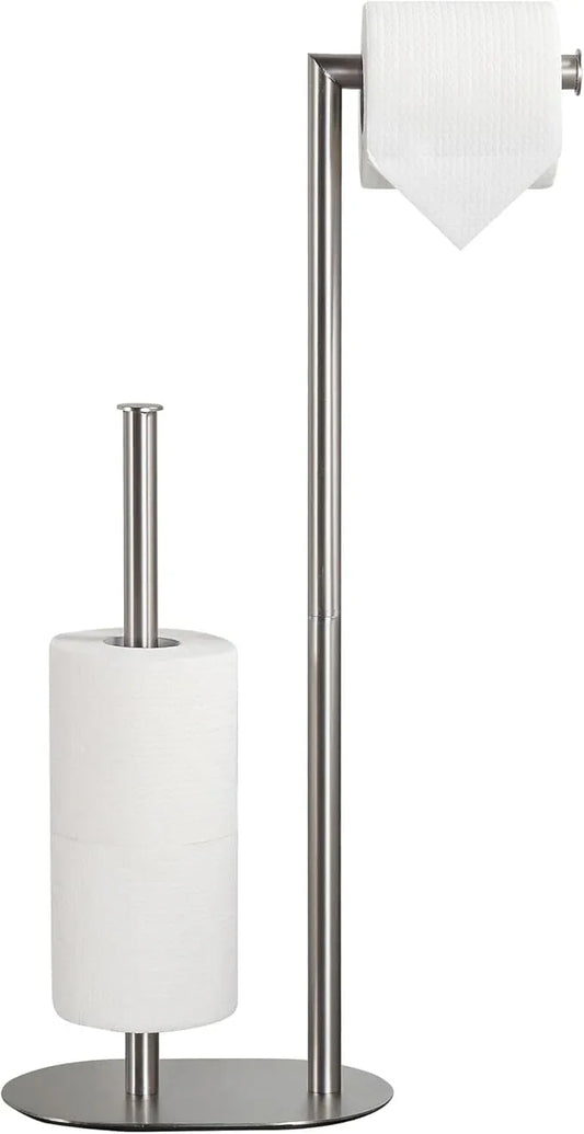 Brushed Nickel Freestanding Toilet Paper Holder with Reserve for Bathroom with Weighted Base, Modern Tissue Roll Holder Stand - ModernBath