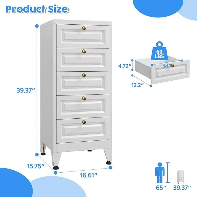 5 Drawer Dresser for Bedroom, Metal Storage Cabinet with Drawers and Leg, Vintage-Style Metal Storage Chest for Bathroom, Living Room, Required Assembly, White - ModernBath