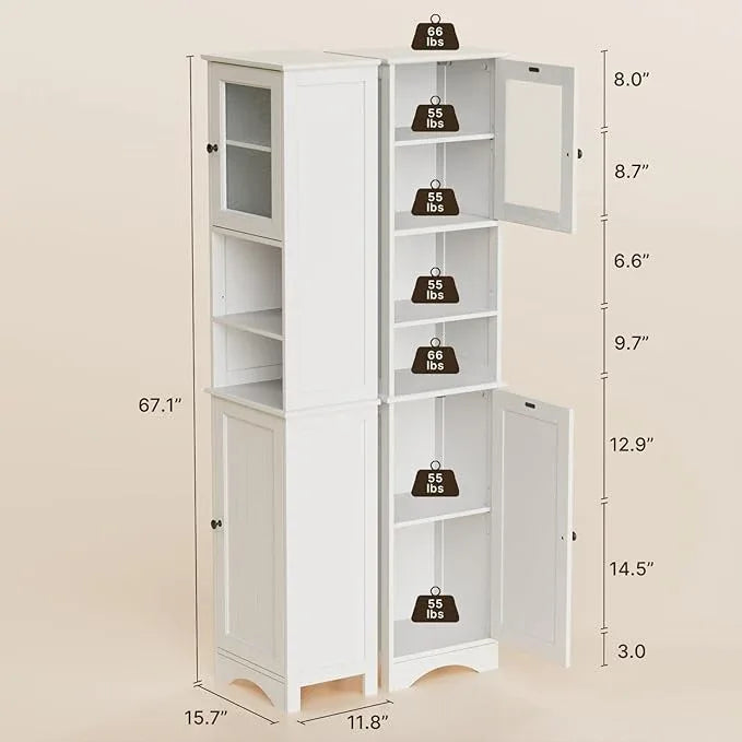 Gizoon 67.1" Tall Bathroom Storage Cabinet with Adjustable Shelves, Narrow Tall Linen Tower with Open Shelves, Two-Way Doors Freestanding Cabinet with Anti-Tip, for Home, Kitchen, Living Room, White - ModernBath