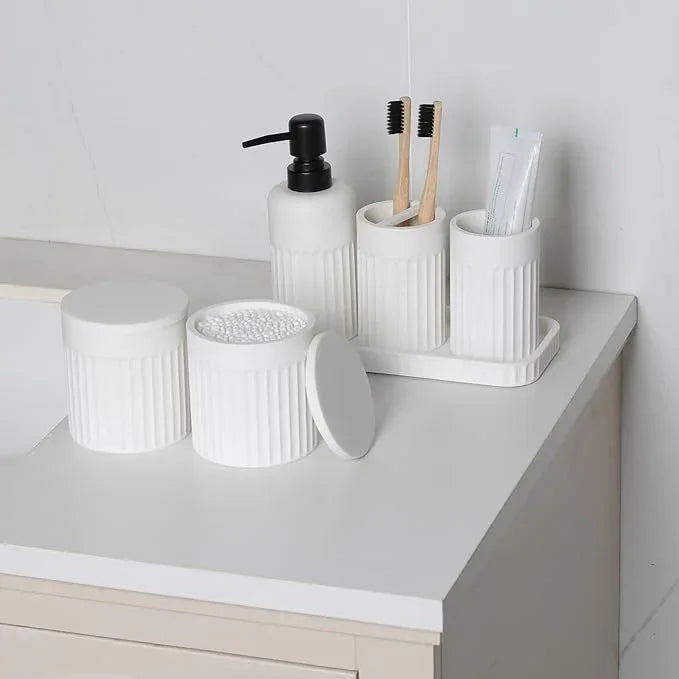 INIUNIK Bathroom Accessory Set - 6 Pieces Bathroom Accessories Set Complete with Soap Dispenser, Toothbrush Holders, Tumbler, Vanity Tray and 2 Qtip Holder for Home Organizer and Decor, White - ModernBath