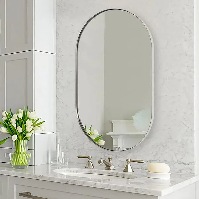 ANDY STAR 26x38’’ Brushed Nickel Oval Bathroom Mirror, Pill-Shaped Nickel Mirror Metal Framed, Stainless Steel Anti-Rust, Wall-Mounted Vertical/Horizontal - ModernBath