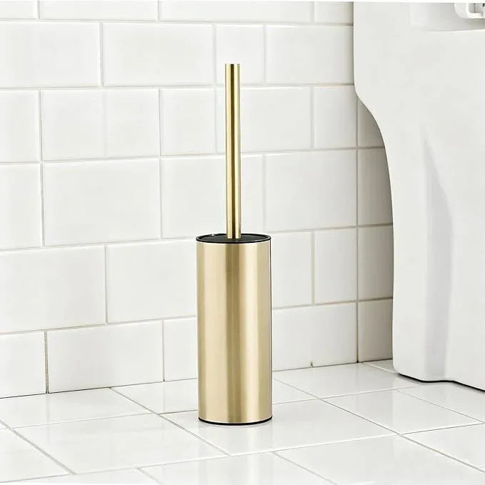 Toilet Brush and Holder Set, NEWRAIN 304 Stainless Steel Toilet Brush with Long Brush Handle, Brushed Gold Toilet Scrubber and Covered Holder, Round Design Sturdy and Space Saving, Covered Brush - ModernBath
