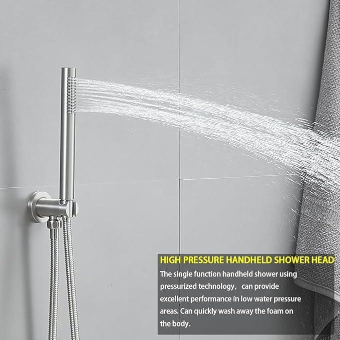 JingGang Brushed Nickel Ceiling Mount Round Rain Shower System with 12 Inch Shower Head and Handheld Bathroom Shower Set Contain Shower Faucet Trim Kit (Mixer Valve Included) - ModernBath