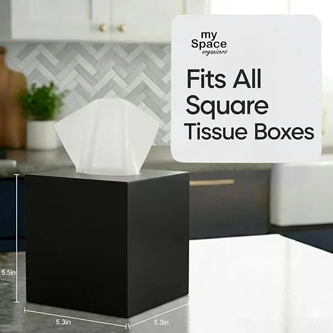 Square Tissue Box Cover | Fits Standard Square Tissue Boxes | Black Tissue Box Holder for Bathroom | Premium Acrylic Tissue Cover | Cube Tissue Holder | 5.3" x 5.3" x 5.5" - ModernBath