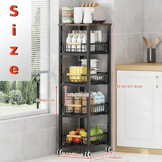 Metal Wire Baskets with Wheels, Stackable Storage Bins Kitchen Organizer Shelf, Multi Layer Fruit Vegetable Cart Dishes Seasonal Rack Freestanding with Pull Out Slide Drawer - ModernBath