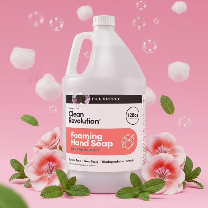 Clean Revolution Foaming Hand Soap, Gentle, Moisturizing, Ready To Use Formula, Real Essential Oils, Gluten Free, Geranium Mint, 128 Fl Oz - ModernBath