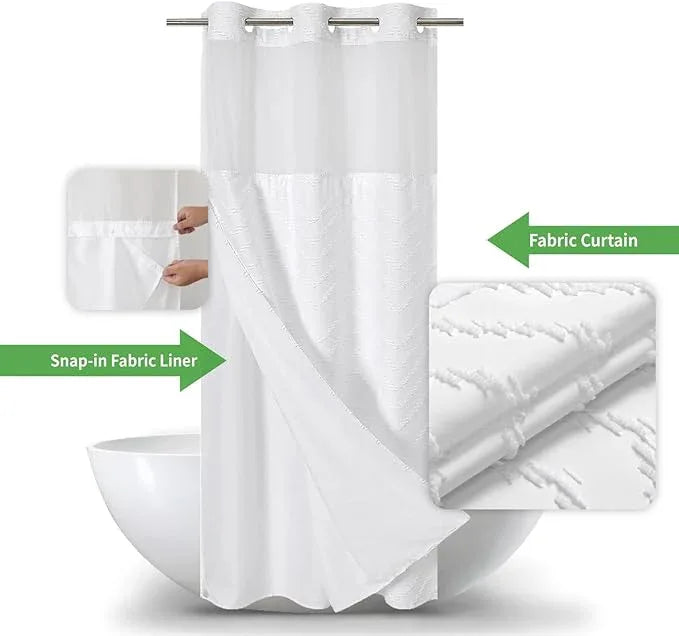 eachope No Hook Boho Farmhouse Shower Curtain with Snap-in Fabric Liner set-36Wx74H(72H),White Tufted Chevron Striped Hotel Grade Cloth Shower Curtains for Bathroom with Window,Water Repellent - ModernBath