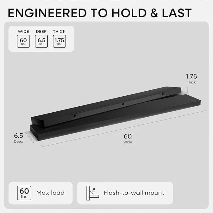 Homeforia Floating Black Shelf 60 inch, High End Solid Real Wood 60 inches Long Floating Shelves for Wall, Black Wooden 60inch Large Floating Shelves, Heavy Duty Bracket, 60 X 6.5 X 1.75 in, Set of 3 - ModernBath