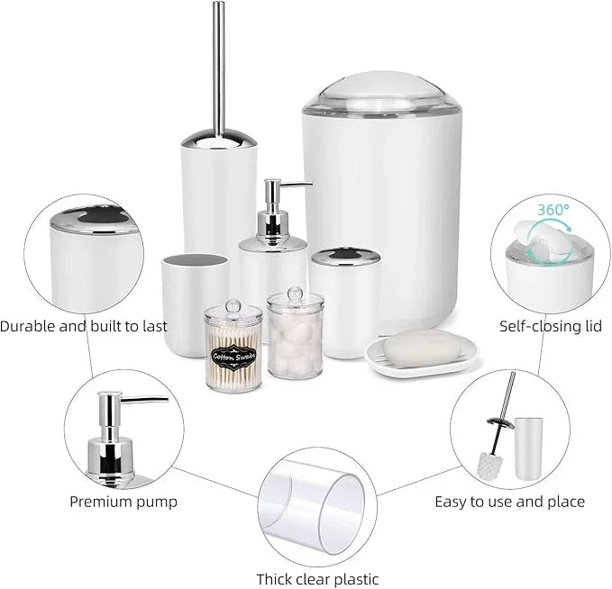 White Bathroom Set,9 Piece Bathroom Accessories Set,Tray,Soap Dispenser,Toothbrush Holder,Toothbrush Cup,Soap Dish,Toilet Brush,Qtip Holders,Trash Can for Bathroom Décor and Housewarming Gifts - ModernBath