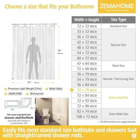 ZEMAHOME Extra Long Clear Plastic Shower Curtain Liner - Lightweight 72" x 80" Transparent Bathroom Shower Showroom Curtain Liner with Rustproof Metal Gromments and Weighted Magnet - ModernBath