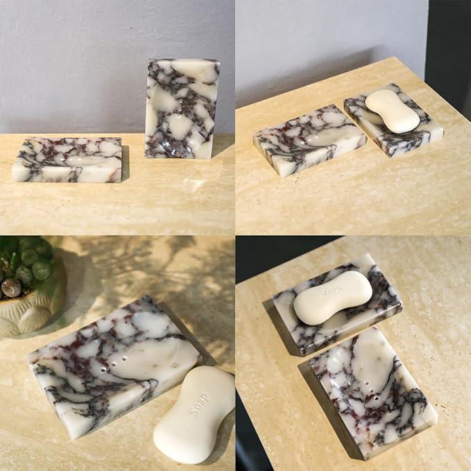 Luxurious Natural Marble Soap Dish Tray Marble Soap Holder Trinket Plate for Bathroom Sink Kitchen Countertop Bedroom Vanity Bathroom Accessory Rectangular（2 Combinations） - ModernBath