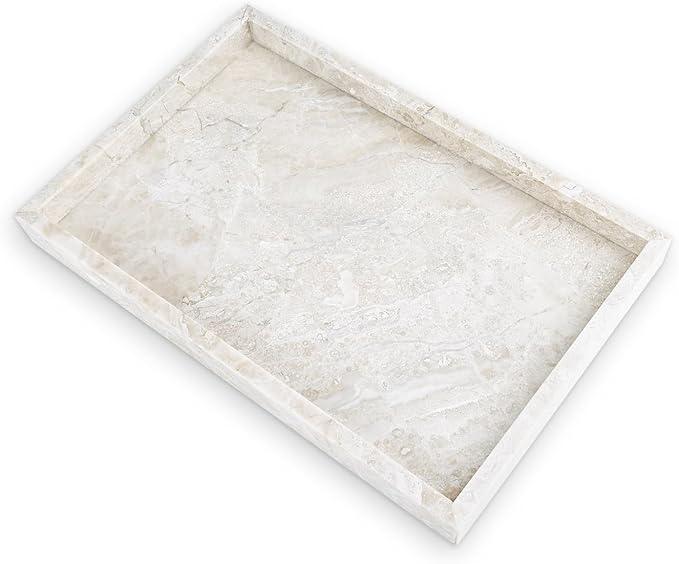Yew & Tulip Natural Marble Vanity Tray, Luxury Stone with Beige Textures Serving Tray for Bathroom, Kitchen, Vanity, Home Decor, Wedding etc. (12" x 8" x 1.2") - ModernBath