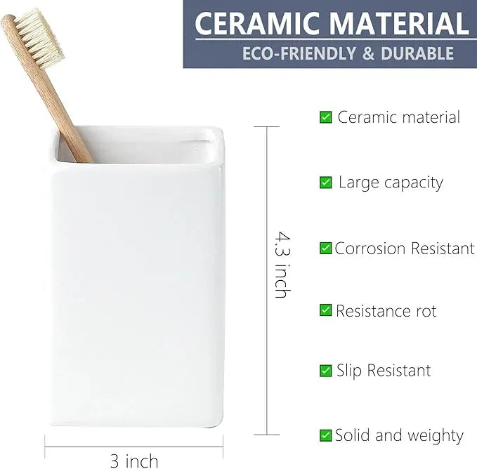 White Ceramic Toothbrush Holder - Square Bathroom Toothbrush Holder, Toothbrush Cup Holder Aesthetic Toothpaste Holder, Modern Family Size Toothbrush Organizer, Bathroom Tumbler Cup - ModernBath